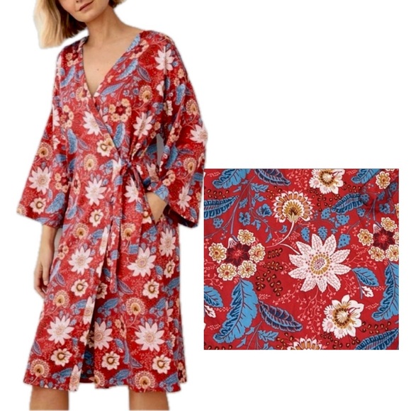 Garnet Hill Other - GARNET HILL Pima Cotton Sateen Botanical Floral Kimono Robe with Pockets Sz L